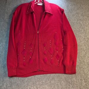 Philippe Marques Cardigan Women 12 Red Good Vintage Zip Rhinestone Diamond USA